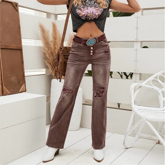 GRAPENT Brown Ripped Jeans High Waist Stretchy Button Fly Flare Wide Leg Sz 8-10 - Picture 6 of 8